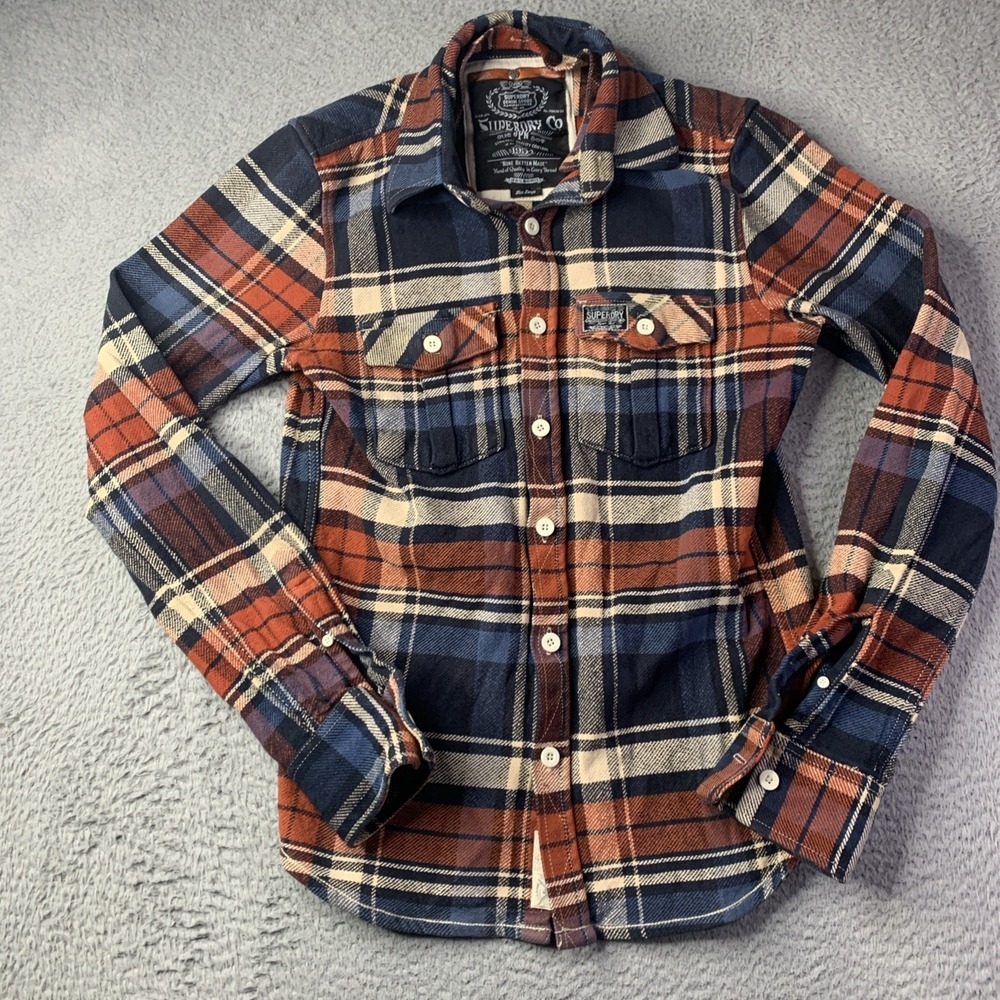 Superdry Plaid Denim Flannel Shirt Mens Large Button Front Long Sleeve Thick
